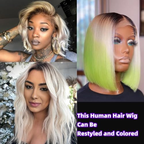 Ombre Platinum Blonde Wig Human Hair with Dark Roots 10 Inch Straight Bob Ash Blonde Lace Front Wigs for White Women 13x4 HD Lace Frontal Pre plucked 150% Density