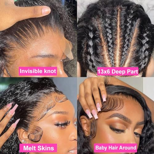 13x6 Deep Wave Lace Front Wigs Human Hair 200% Density Deep Wave Curly Frontal Wigs Human Hair for Black Women Bleached Knots Free Part Natural HairLine Can Be Dyed and Restyled 22 Inch