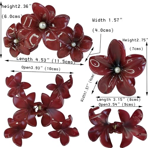 Wine Red Flower claw clips women girls,fancy hawaii flower hair clips,artificial pearls daisy decorative plumeria hair clips for thick or thin hair, Large Medium 2pc beach coquette hair accessories