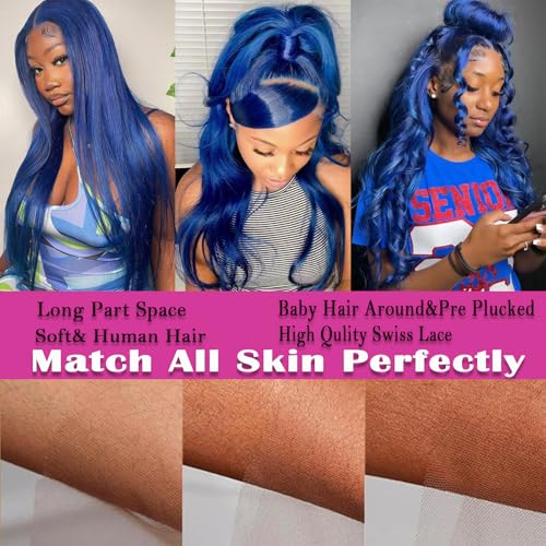 28 Inch Royal Blue Lace Front Human Hair 13x6 Lace Front Wigs Dark Blue Body Wave Wigs Pre Plucked with Baby Hair Dark Blue Colored Glueless Wig 200% Density