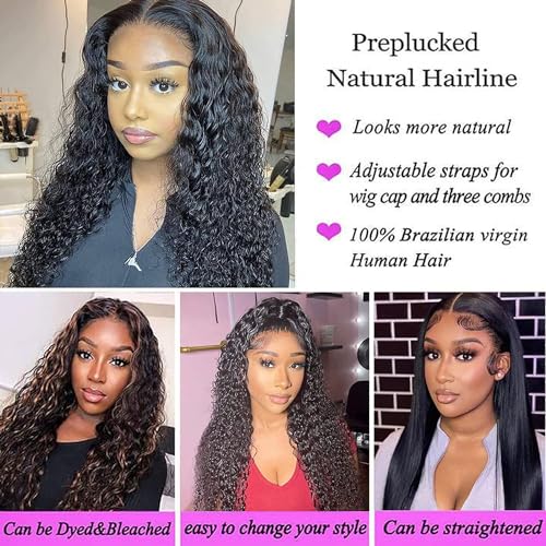 30 Inch Deep Wave Lace Front Wigs Human Hair for Women 4X4 Hd Lace Closure Brazilian Virgin Wig Wet and Wavy Wear and Go Glueless Wigs Pre Plucked Bleached Knots Natural Black