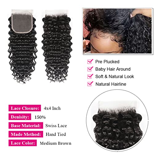 Deep Wave Bundles with Closure Human Hair (20 22 24+18 Closure) 4x4 Curly Lace Closure with Baby Hair Natural Color Pre Plucked 3 Bundles and Closure 100% Unprocessed Brazilian Virgin Remy Hair
