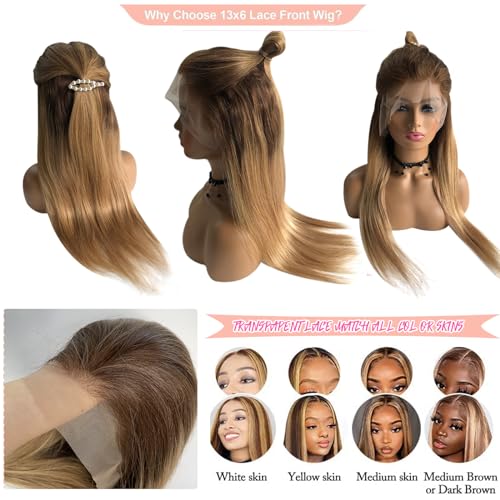 28Inch Honey Blonde Ombre Lace Front Wigs Human Hair Pre Plucked Long Straight Blonde Ombre 13x6 HD Free Part Lace Front Wigs Human Hair for Women,Glueless Brown Roots Honey Blonde Lace Frontal Wig