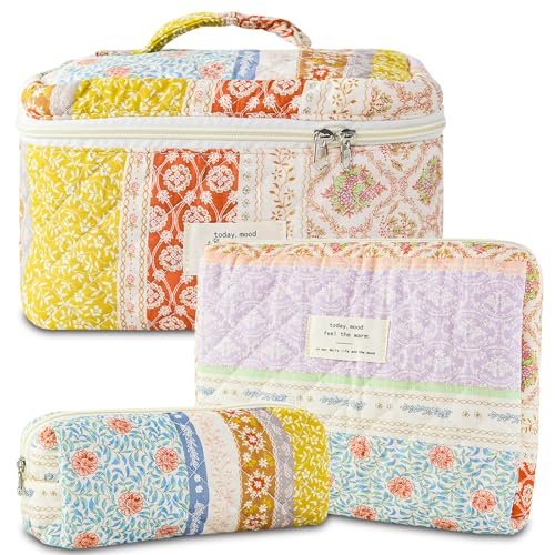 3Pcs Makeup Bag Cotton Quilted Travel Cosmetic Bag Cute Floral Makeup Pouch Large Toiletry Bag for Women Girls (Flower stitching)