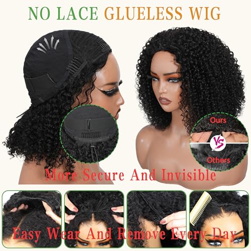 ZIYU Half Wig Human Hair - 200% Density Curly Half Wig 3 In 1 Wear Go Glueless Wigs 16 Inch Drawstring Seamless Kinky Curly Flip Over Headband Wig Human Hair Beginner Friendly