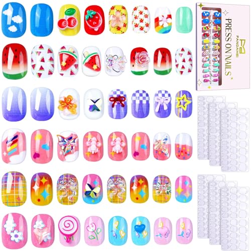 FANDAMEI Press on Nails for Girls, 6 Styles 144PCS Press on Nails for Kids, Little Girl Nails Press on Short Round with Nail Charms and Gems, Fake nails for Kids, Girls with Adhesive Tabs