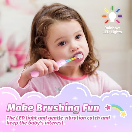 Kids Electric Toothbrush, Sonic Toothbrush for Toddler Children & Baby Ages 1-3 2-4 5+, with 2-Minute Smart Timer & Fun LED Light, 4 Brush Heads Soft Bristles, Battery Powered (Pink Unicorn)
