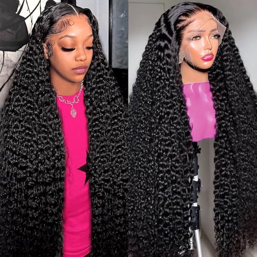 Deep Wave Lace Front Wigs Human Hair 200 Density 13x6 HD Transparent Lace Front Wigs for Women Pre Plucked Deep Curly Lace Frontal Wig Human Hair Glueless Wigs Natural Black 30 Inch