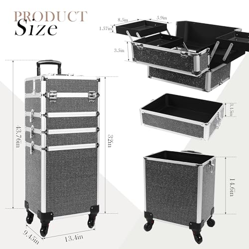 Professional Rolling Makeup Case with Wheels, 5-in-1 Makeup Train Case, Cosmetic Makeup Trolley Cart Travel Cosmetology Case On Wheels with Key for Hairstylists, Nail Tech(Black Crystal)