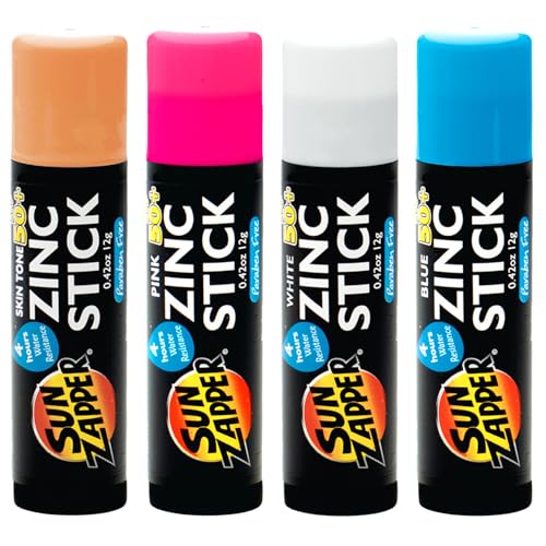 Sun Zapper Zinc Oxide Sunscreen Sticks ? SPF 50+ Water Resistant ? Beach Pack with 4 Colors (Light Skin Tone, Pink, White, Blue) ? Broad Spectrum Sunblock for Face & Body ? Made in Australia