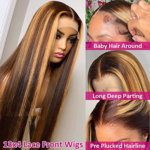 Pizazz Highlight Lace Front Wigs Human Hair Pre Plucked Honey Blonde Color 9A Brazilian Straight Lace Frontal Human Hair Wigs for Women 4/27 Color (4/27 Color Straight Wig, 22 Inch)