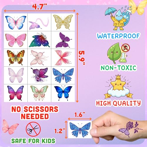 Glitter Butterfly Temporary Tattoos | Butterfly Themed Birthday Party Decorations Party Favors Supplies Accessories Stickers Gift Idea For Kids Boy Girl Teen Adult 60Pcs 4 Sheets Pre-cut
