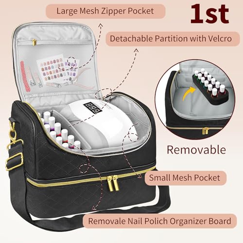 Boczif Nail Polish Carrying Case, Double-Layer Nail Polish Storage Bag- Fits Nail Dryer Lamp and 60 Bottles(15ml/0.5 fl.oz), Nail Polish Organizer bag with Dividers for Manicure Set