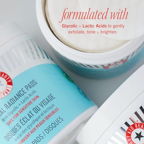 First Aid Beauty - Facial Radiance Pads with Glycolic & Lactic Acids, Daily Exfoliating Pads with AHA, Visibly Smaller Pores, Help Tone & Brighten Skin, One-Step Makeup Prep, Compostable, 60