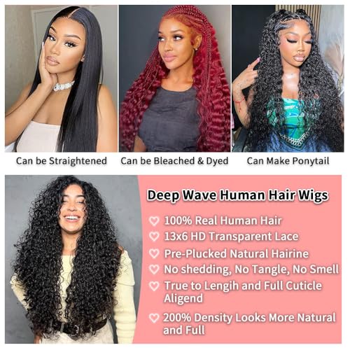 30 Inch Deep Wave Lace Front Wigs Human Hair 13x6 HD Lace 200 Density Frontal Glueless Wigs Human Hair Pre Plucked Deep Curly Wig with Baby Hair Natural Black