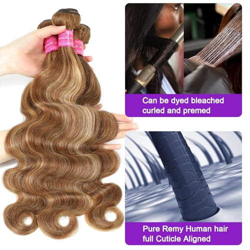 Vallbest Ombre Human Hair Bundles with Closure 20 22 24 +18 Inch Highlight Blonde Bundles Human Hair 4/27 Brown Body Wave with 4x4 Closure 12A Brazilian Virgin Remy Weave Raw Hair Extensions