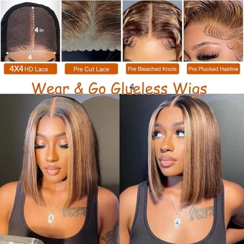 Selina 4x4 Straight Highlight Ombre Bob Wig Human Hair Hd Lace Front Wigs Human Hair Gluless 100% Remy Hair for Women Transparent Lace Wig 12 Inch