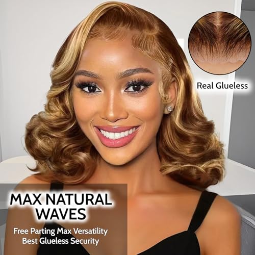 Ombre Lace Front Wig Human Hair Body Wave 6x5 Glueless Wigs Human Hair Pre Plucked 200% Density Wear and Go Highlight Wig Human Hair Bob for Women(16 Inch)