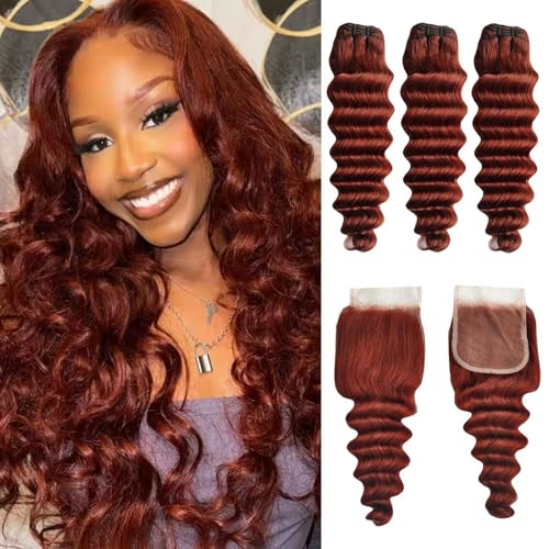 Loose Deep Wave Bundles Human Hair with Closure 12a Reddish Brown Human Hair Bundles with 4¡¿4 Closure Copper Red Wavy Hair Bundle (Loose Deep Wave16 18 20 with16 free)