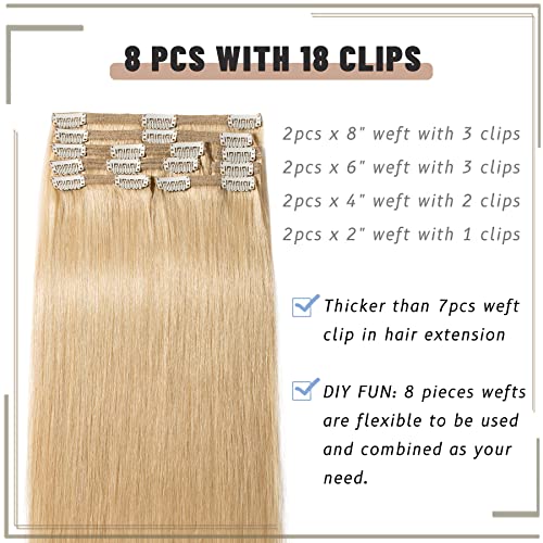 S-noilite Clip in Hair Extensions Real Human Hair Natural Blonde 18 Inch 8pcs 140g Straight Real Hair Extensions Clip Ins Double Weft #24