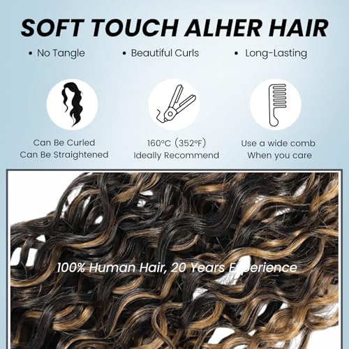 ALHER #1B/27 Highlight Black and Honey Blonde Water Wave 3 Bundles, Wet and Wavy Curly Balayage Ombre Blonde Bundles, 100% Unprocessed Virgin Remy Human Hair Soft Thick Sew In Double Weft 10 12 14 IN