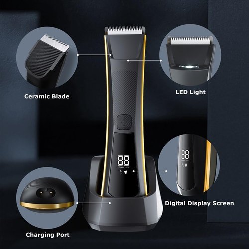Self-Cut System Electric Pubic Hair Trimmer for Men - Waterproof - Skin Friendly Shaver for Personal Grooming - Built-in LED Light, Rechargeable, Travel-Ready Design