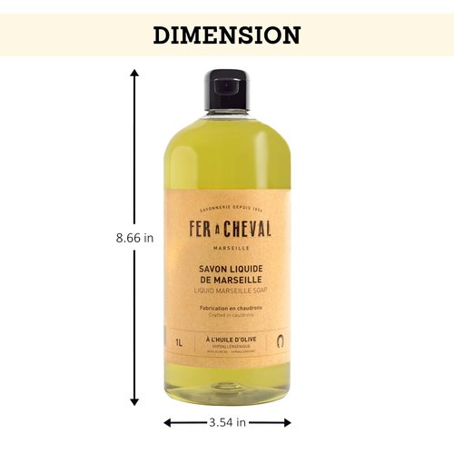 Fer à Cheval Olive Oil Marseille Liquid Soap 1L/33.81 fl oz - Hypoallergenic, Natural Ingredients, Eco-Friendly Body & Hand Wash