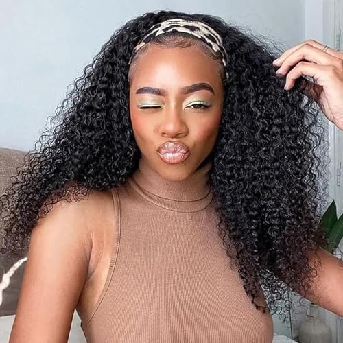 Kinky Curly Headband Wig Human Hair 26 Inch Headband Wigs for Women Human Hair Glueless None Lace Front Curly Wave Wigs Brazilian Virgin Hair Wear and Go Glueless Wig 150% Density Natural Black Color