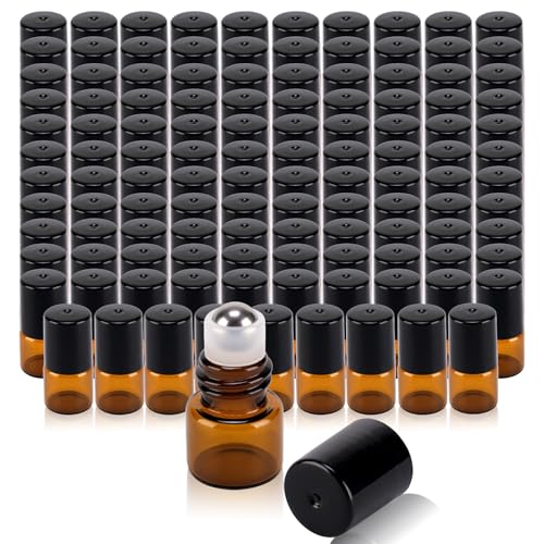 120 pack 1ml Amber Glass Roller Bottles for Essential Oils Refillable Roll-on Applicator with Stainless Steel Roller Balls Mini Leak-proof Makeup Containers with Pipettes and Bottle Opener