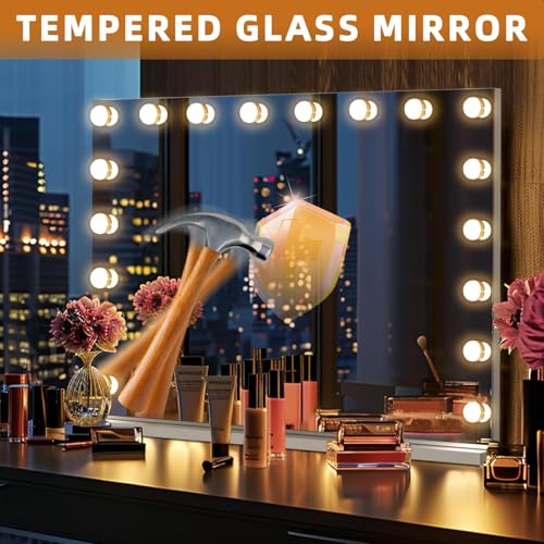 Misavanity Vanity Mirror with RGB Backlight 32¡¯¡¯x23¡¯¡¯ LED Makeup Mirror with 18 Dimmble 3 Color Modes Bulbs Light up Mirror with 10X Magnification and Smart Touch, White