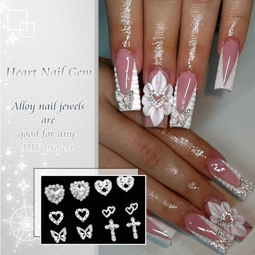 42PCS Silver Nail Charms Crystal Heart Nail Charms 3D Alloy Cross Nail Charms Metal Butterfly Charms Nail Gems Rhinestones for Women Nail Art and DIY Crafts, Small