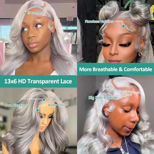 13x6 Grey Lace Front Wigs Human Hair Body Wave Gray Wigs Human Hair Pre Plucked with Baby Hair 200 Density Glueless Brazilian Virgin Grey Lace Frontal Wigs for Women 26 Inch