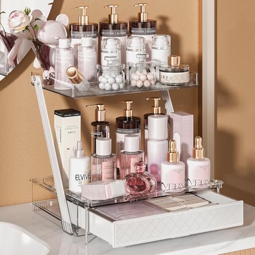 Z-Shaped Bathroom Countertop Organizer ? 2-Tier Vanity Organizer with Sliding Tray & Drawer for Skincare, Makeup & Perfume ? Acrylic Storage for Dresser, Office or Desk