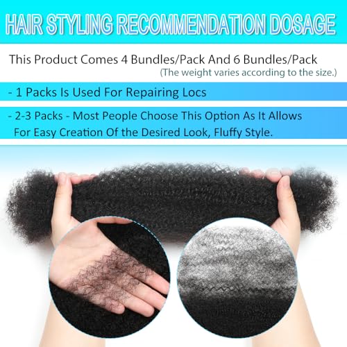 Afro Kinkys Bulk Human Hair for Dreadlocks Extensions Repair Locs, Twist Braiding Afro Kinky Human Hair for Locs 22 Inch 6 Bundles 120 Gram 4#