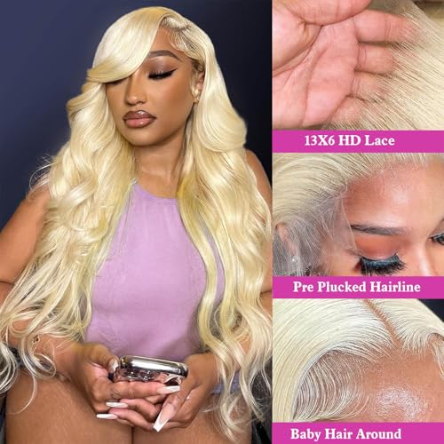 32 Inch 613 13x6 Lace Front Wig Human Hair Blonde Wig Human Hair 200 Density 613 HD Lace Frontal Wig 13x6 Body Wave Blonde Lace Front Wigs for Women Pre Plucked with Baby Hair
