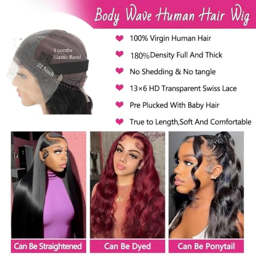13x6 Lace Front Wigs Human Hair Body Wave Lace Front Human Hair Wigs Pre Plucked HD Lace Front Wigs 180% Density Frontal Glueless Human Hair Wigs with Baby Hair (13x6-body wave, 30INCH)