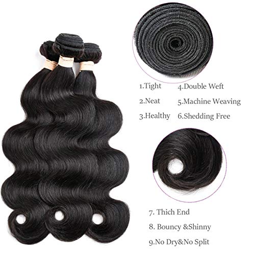 Brazilian Body Wave Virgin Human Hair Bundles with Closure (22 24 26 with 20 closure) Unprocessed Bundles with Lace Closure Body Wave Hair with Closure 4X4 Lace Free Part Natural Black Hair