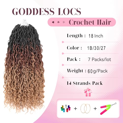 Aipin Goddess Locs Crochet Hair 18 Inch Boho River Locs Hippie Wavy Crochet With Curly Hair In Middle And Ends Braids Hair Extensions (7Packs,18 inch, 3T1B/30/27)
