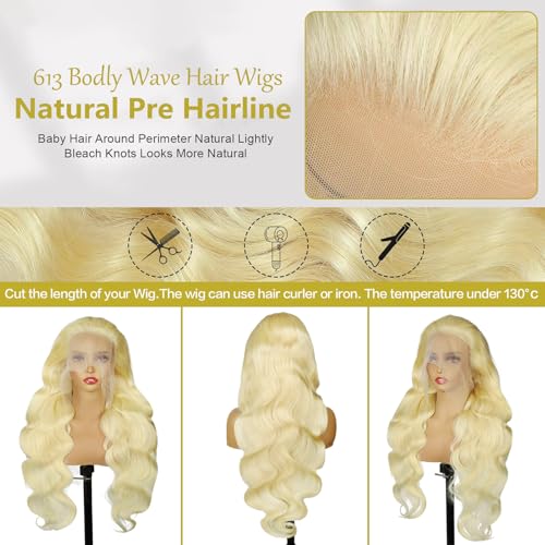 30 Inch 13x6 613 Lace Front Wig Human Hair Body Wave Blonde Lace Front Wigs Human Hair Pre-Plucked Bleached 200% Density 613 Hd Lace Frontal Wigs for Women