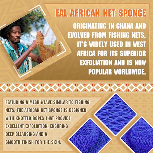 2 Pieces African Net Sponge ? Real Authentic Exfoliating Bath Sponges for Silky Smooth Skin, Deep Cleansing Mesh for Full Body, Quick-Drying & Travel-Friendly£¨Blue Black£©