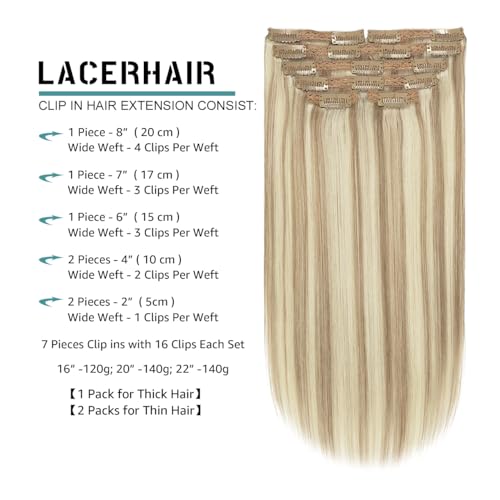 Lacer Hair Clip In Hair Extensions Human Virgin Hair Thick Weft Light Brown And Platinum Blonde Highlights Color Metal Clip Salon Quality Straight Clip In Hair Extension 7 Pieces 140 Gram 22 Inch