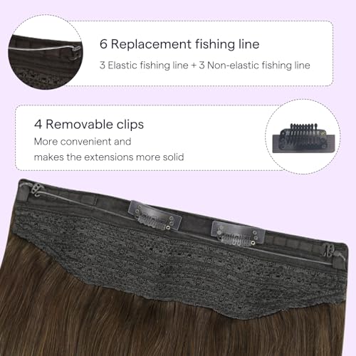 Fshine Invisible Wire Hair Extensions Real Human Hair Balayage Dark Brown to Walnut Brown Mix Honey Blonde 18 Inch Hidden Wire Hair Extensions Fish Line Hairpiece 120G