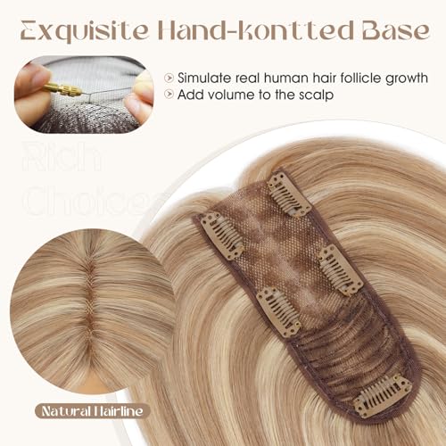 Rich Choices Hair Toppers for Women Real Human Hair 100% Human Remy Toppers for Women with Thinning Clip in NO Bangs Lace Base 150% Density 14 Inch #12P613 Golden Brown Highlight Bleach Blonde