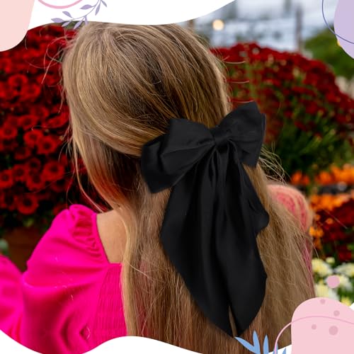 Mimorou 36 Pcs Big Hair Bows for Women Silky Satin Hair Bows Bulk Oversized Long Tail Black White Hair Bow Large Hair Ribbons Hair Clips Barrettes Large Metal Clips Bowknot Hair Accessories Gift