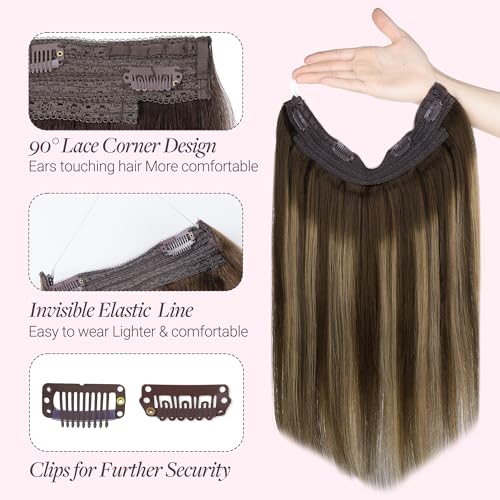GOO GOO Wire Hair Extensions Human Hair, 4/27/4 Chocolate Brown with Caramel Blonde Balayage 12inch 70g, Invisible Wire Hair Extensions with Transparent, Seamless Fish Line Hairpiece