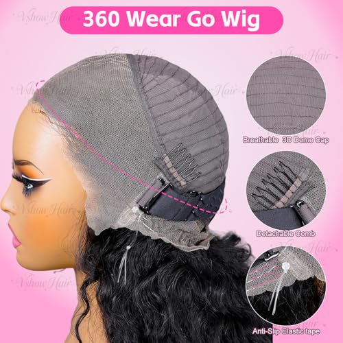 V SHOW Hidden Strap 360 Lace Front wig Human Hair with Water wave Glueless Wig Pre Plucked Pre Cut & Bleached Knots Invisible Drawstring 180% Density Brazilian Virgin Hair 20 Inch
