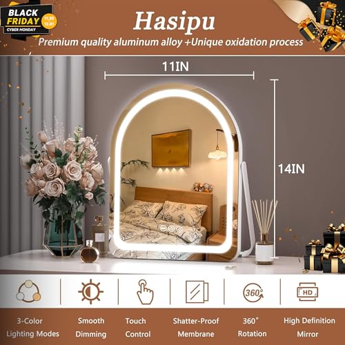 Hasipu Vanity Mirror with Lights, 11"¡¿ 14" Arched LED Makeup Mirror, Lighted Makeup Mirror with Lights, Smart Touch Control Dimmable 3 Modes Light 360¡ÆRotation White