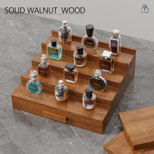 Cologne Organizer for Men,4 Tier Walnut Wood Cologne Stand,Cologne Shelf Display Holder with Hidden Storage and Drawer,Perfume Stand Organizer Great Gift for Men,Walnut