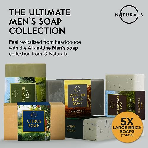 O Naturals 5PC Mens Soap Gift Sets, Gifts for Men, Organic Bar Soap for Men, Mens Gift Set Exfoliating Soap Cedarwood & Mint, Mens Bar Soap in Citrus, Olive Oil, African Black Soap, Soap Gifts For Men
