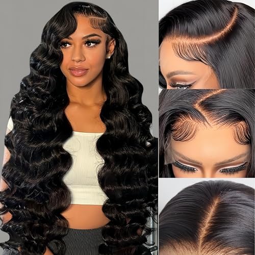Body Wave Lace Front Wigs Human Hair 200% Density 13x4 HD Transparent Lace Front Wigs for Women Glueless Wigs Human Hair Pre Plucked with Baby Hair Natural Black 30 Inch